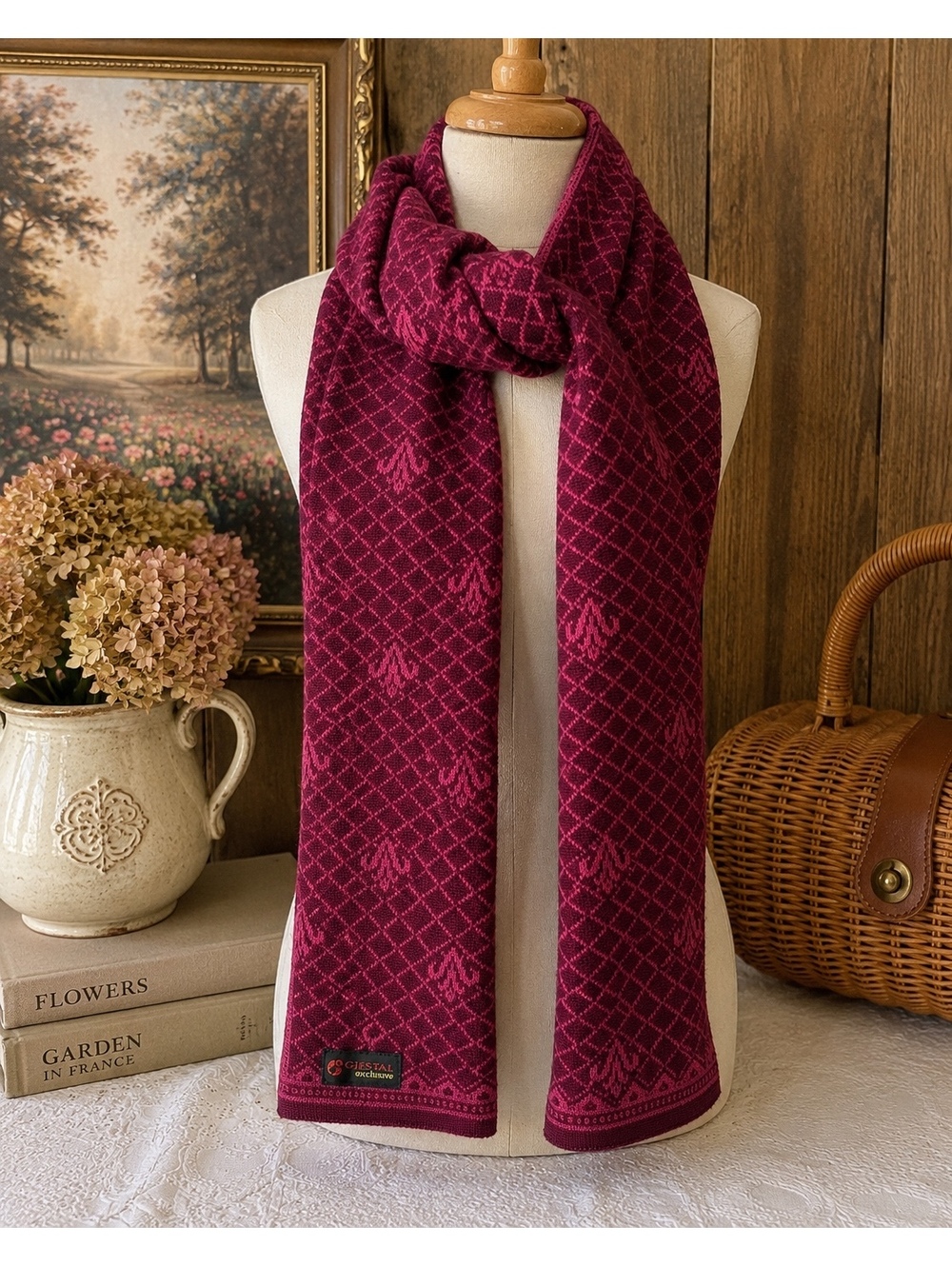 Vintage Gjestal Exclusive Norwegian Wool Scarf Burgundy Pink Nordic Knit 10x66